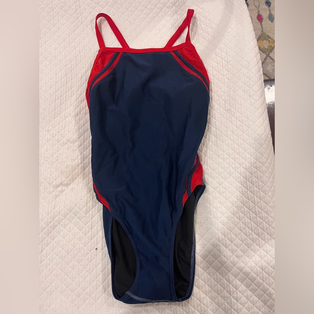 Waterpro Poly Splice Thin Strap One Piece Swimsuit: Navy and red
Size 28